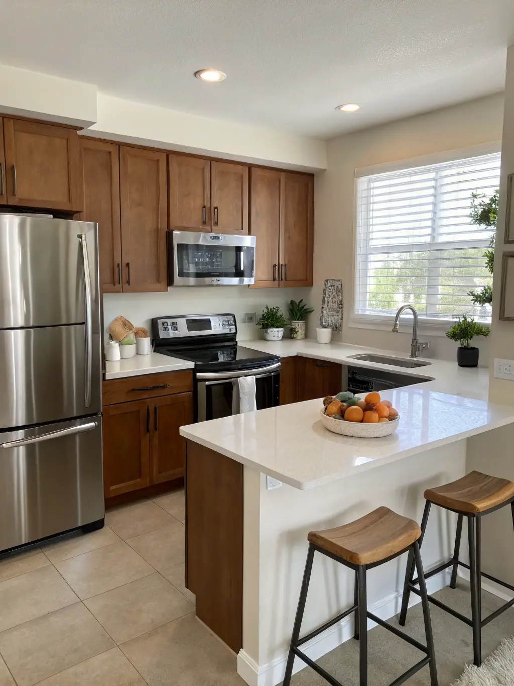 A cozy and well-equipped apartment kitchen with stainless steel appliances, granite countertops, and a breakfast bar, emphasizing the convenience and functionality of the cooking space.