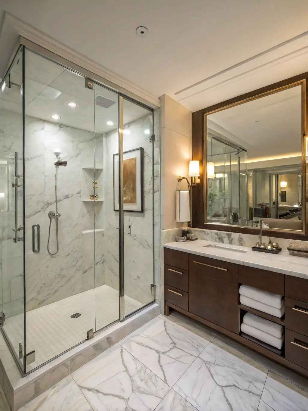 A spacious apartment bathroom with a walk-in shower, modern fixtures, and fluffy towels, highlighting the cleanliness and convenience of the bathing facilities.