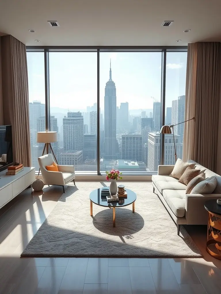 A modern, sunlit apartment living room with a comfortable sofa, a large window overlooking the city, and contemporary decor, showcasing the apartment's bright and inviting atmosphere.